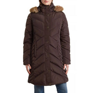 Michael Kors Women's XS Faux Fur Trim Chocolate Quilted Puffer Jacket HR3-60